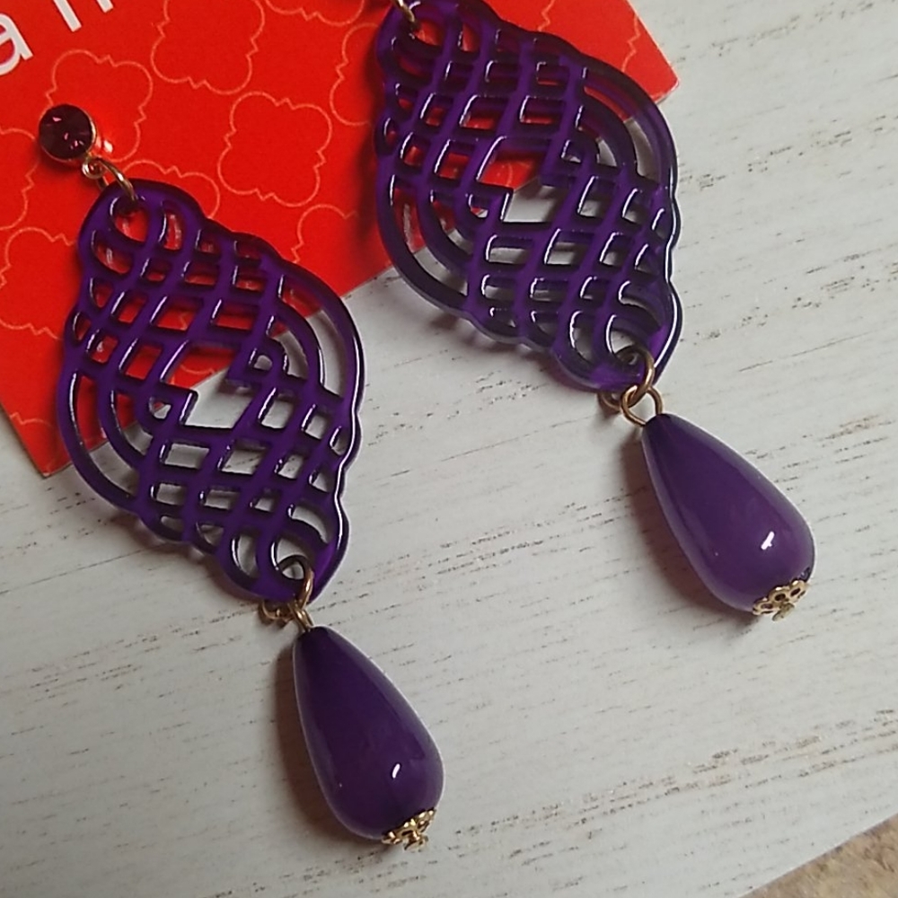 😻 3 For $15 Purple Lucite Bling Stud Dangle - Picture 2 of 3